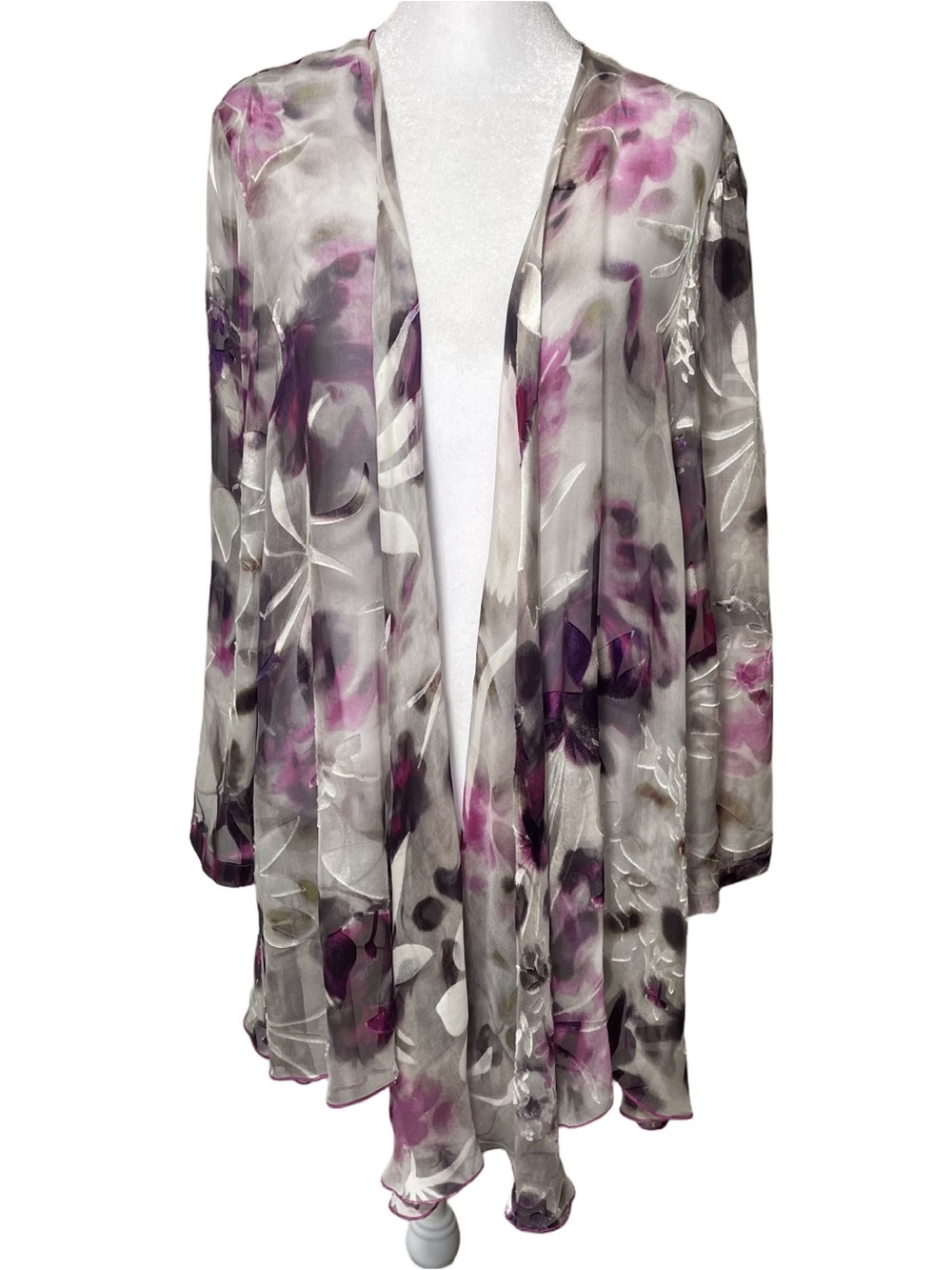 Kristen Krog Silk Chiffon Sheer Floral Topper Coverup Long Sleeve Open Front